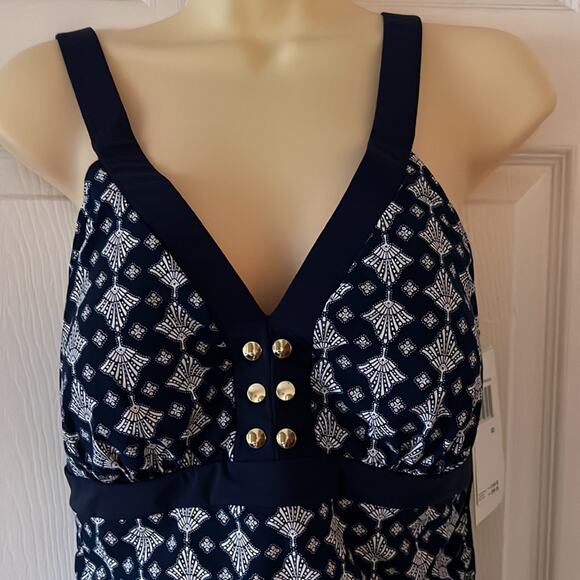 Christina size 8D (cup) Navy & White print one piece Swimsuit Waist Minimizer - Picture 2 of 10